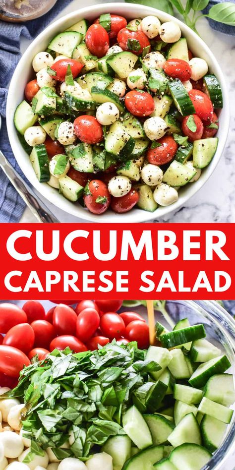 Switch up your caprese salad with the addition of cucumbers! This Cucumber Caprese Salad is light, flavorful, and perfect for summer. One of our favorite ways to use all those fresh garden veggies! Salad To Share, Dinner Salad Recipes Side Dishes, Fresh And Healthy Recipes, Caprese Lunch Ideas, Cucumber Salad Tomato, Cucumber Tomato Recipes, Salads Recipes With Chicken, Healthy Side Dishes For Party, Cucumber Tomatoes Salad