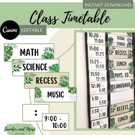 Tropical Botanical Schedule Cards - Classroom Timetable - Editable - Visual Schedule - Classroom Schedule - Pocket Folder - Letter and A4 by SaunterAndMuse on Etsy Timetable For Classroom, Classroom Timetable Ideas, Class Timetable Ideas Classroom Displays, Class Timetable Ideas, Visual Schedule Classroom, Timetable Ideas For Classroom, Lavender Classroom, Schedule Classroom, Classroom Schedule Cards