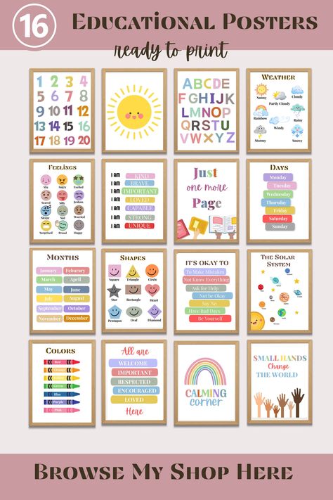 A bundle of 16 Educational Posters to Decorate your Classroom, Montessori, Daycare or the Playroom. Daycare Poster Ideas, Daycare Posters, Playroom Educational Wall, Toddler Learning Posters, Montessori Poster Free Printable, Toddler Educational Posters, Daycare Signs, Montessori Playroom Poster, Neutral Kids Room