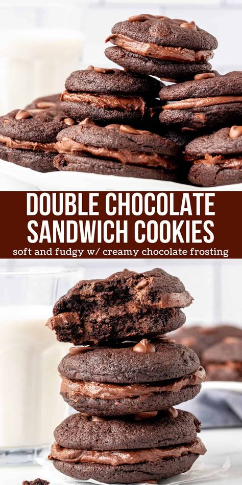 These double chocolate sandwich cookies are for true chocolate lovers only. Rich and fudgy chocolate cookies sandwiched with creamy chocolate frosting - get your milk ready! #cookies #chocolate #doublechocolate #sandwichcookies #frosting #recipe from Just So Tasty Sandwich Cookie Recipes, Chocolate Cookie Sandwich, Chocolate Chip Sandwich Cookies, 100 Cookies Recipe, Creamy Chocolate Frosting, Crumble Cookie Recipe, Crumble Cookie, Baking Inspiration, Double Chocolate Cookies