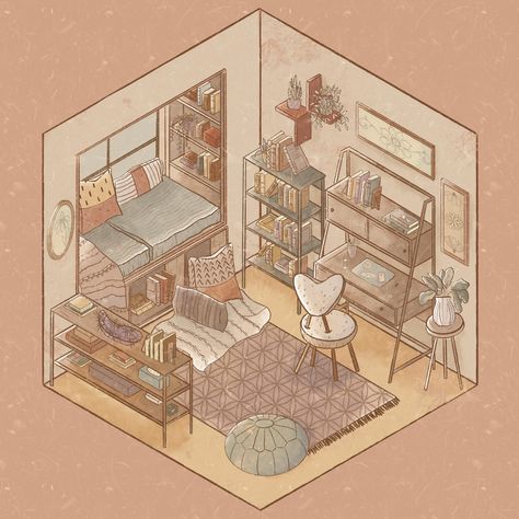 Cozy Isometric Study | Skillshare Projects Isometric Room Illustration Aesthetic, Draw Room Ideas, Isometric Bedroom Illustration, Cozy Isometric Room, Drawings Of Bedrooms, Isometric Room Procreate, Procreate Room Drawing, Cute Bedroom Drawing, Dream Room Drawing