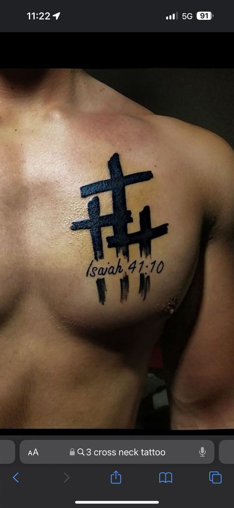 Bible Tattoos For Men Chest, Christian Tattoos For Men Chest, Christian Chest Tattoo Men, Three Crosses Tattoo, Cross Tattoo Neck, Tricep Tattoos, Bible Tattoos, Christian Tattoo, Bible Verse Tattoos