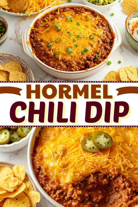 This Hormel chili dip is the perfect appetizer for the big game. It's cheesy, delectable, and only takes 5 minutes to make. Hormel Chili Dip, Chili Without Beans, Hormel Chili, Craving Carbs, Leftover Chili, Chili Cheese Dips, Chili Dip, Crock Pot Dips, Spicy Dip