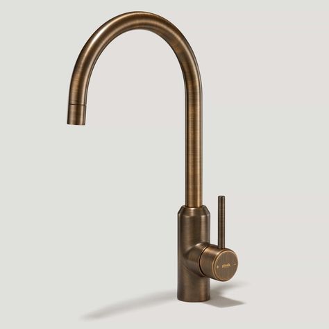 PORTMAN Smooth Kitchen Mixer Tap - Antique Brass | Plank Hardware Brass Kitchen Tap, Brass Kitchen Hardware, Antique Brass Kitchen, Kitchen Brass, Aged Brass Hardware, Brass Kitchen Faucet, Brass Cabinet Hardware, Spacious Kitchen, Brass Tap