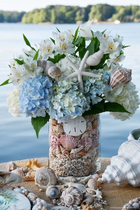 Seashells In Glass Containers, Coastal Flower Arrangements, Coastal Floral Arrangements, Beach Flower Arrangements, Flowers For Beach Wedding, 222 Design, Nautical Flowers, Coastal Centerpiece Ideas, Bridget Wedding