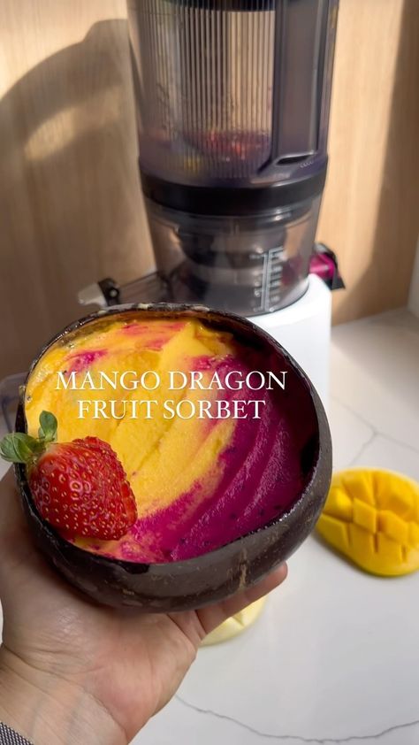 Creamy Mango Dragon Fruit Sorbet 🐉🥭 A homemade delight! This sorbet is not only stunning with its vibrant colors but also irresistibly… | Instagram Dragon Fruit Sorbet, Fancy Bagels, Dragon Fruit Sorbet Recipe, Dragonfruit Sorbet, Pitaya Bowl Recipe, Dragon Fruit Ice Cream, Ninja Smoothie Recipes, Dragonfruit Recipes, Sorbet Is