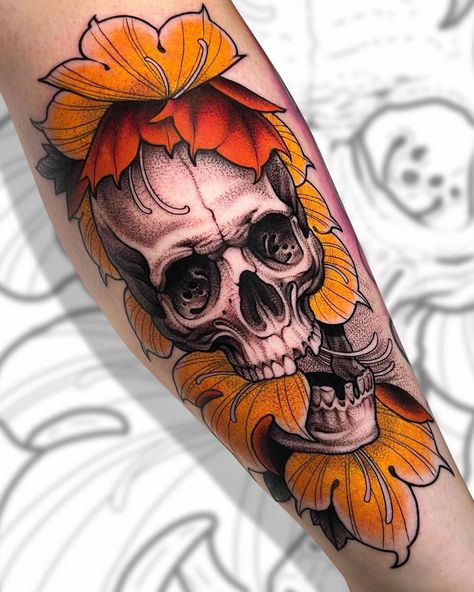 Floral Skull Tattoo Design Idea Neotraditional Skull Tattoo Design, Neotrad Skull Tattoo, Neo Traditional Floral Tattoo Sleeve, Skull Color Tattoo, Neotraditional Skull Tattoo, New School Skull Tattoo, Neo Traditional Skull Tattoo, New School Skull, Neo Traditional Skull