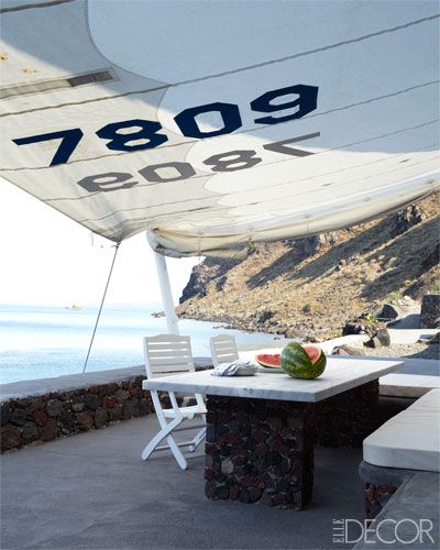 So cool - use a sail as an awning / shade. Greek Interior Design - Costis Psychas - ELLE DECOR Greek Terrace, Greek Interior Design, Decorate Ideas, Sail Canopy, Pergola Plans Design, Shade Landscaping, Sail Shade, Summer Deck, Pergola Diy