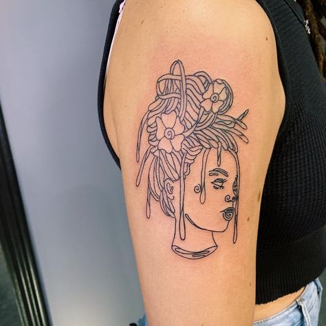 #BeeyondInk on Instagram: “Custom woman with locs design 💉🤩” Loc Tattoo Design, Tattoo Of Black Woman With Locs, Women With Locs Tattoos, Locs Tattoos Ideas, Woman With Locs Tattoo, Loc Tattoos, Loc Tattoos For Women, Hair Tattoo Designs Women, Locs Tattoo