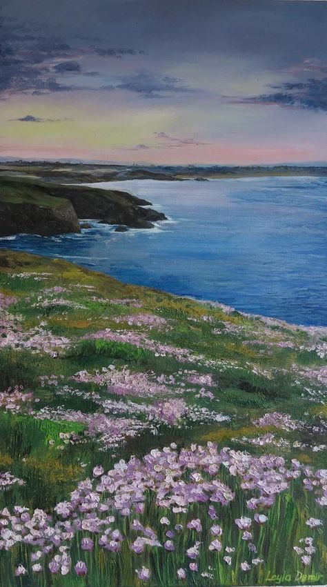 Seascape oil paintings on canvas, sunset, sea, palette knife flower, sea and purple flowers, modern Sea Oil Painting, Sunset At Sea, Sea Texture, Oil Paintings On Canvas, Pastel Beach, Landscape Wall Decor, Hand Painted Wall Art, Canvas Painting Landscape, Hanging Paintings