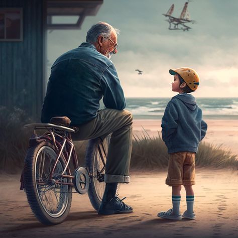 Grandfather with grandson on the beach Grandfather, grandson, beach, bicycle, coast, sea, house, birds, kite Grandfather With Grandson, Grandfather And Grandson, Grandpa And Grandson, Beach Bicycle, Sea House, Meaningful Pictures, Happy Rakshabandhan, Grandma And Grandpa, Grandchildren