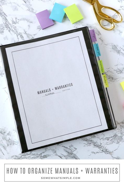 How to organize manuals and warranty information with a notebook system that's easy, quick, and affordable, too! via @somewhatsimple Manual Organization, Organize Manuals, Homework Caddy, Binder Labels, Binder Printables, Simple Notebook, Organizing Services, Sheet Protector, Fun Organization