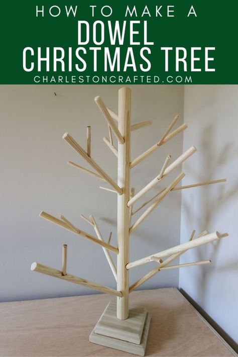 How to make a Wooden Dowel Christmas Tree Diy With Dowels, Wooden Christmas Tree With Ornaments, Christmas Tree Out Of Wood, Dowel Tree, Dowel Christmas Tree, Jewelry Tree Display, Wooden Xmas Trees, Vendor Market, Gifts Drawing