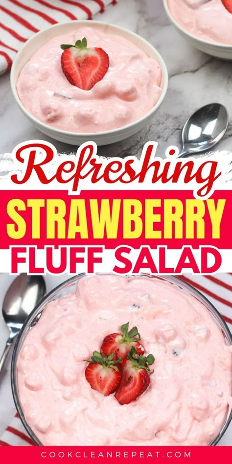 Get ready for summer with this delicious strawberry fluff salad! It's so light and airy, you'll be licking your plate clean! The flavorful combination of strawberry jello and cook-and-serve vanilla pudding – you won't want to miss this one. Ready to get cooking? Click here for the full recipe! Strawberry Fluff Salad, Strawberry Jello Salad, Jello Fruit Salads, Fruit Salad With Pudding, Strawberry Fluff, Jello Flavors, Fluff Salad, Strawberry Pretzel Salad, Fruity Treats