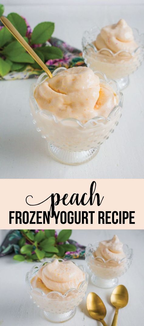 Peach Frozen Yogurt Recipe - whip up this dessert and cool off. Summer dessert idea. www.thirtyhandmadedays.com #summerrecipes Peach Frozen Yogurt Recipe, Freezer Treats, Yogurt Dessert Recipes, Peach Frozen Yogurt, Yogurt Recipes Healthy, Frozen Recipes, Frozen Yogurt Popsicles, Frozen Yogurt Recipe, Peach Yogurt