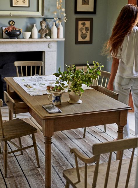 Stanton Oak Dining Table | Rowen & Wren Fall Dining Room Table, English Farmhouse, Wren Kitchen, Fall Dining Room, Cottage Dining Rooms, Autumn Dining, Lazy Sunday Morning, Brass Knob, Dining Room Table Decor