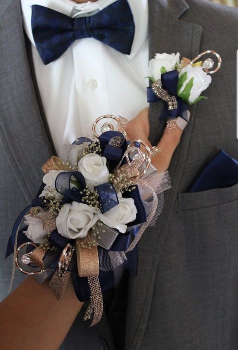 Blue And Gold Corsage And Boutonniere, Winter Formal Corsage, Navy And Gold Corsage, Navy Corsage, Prom 2k23, Rose Gold Prom, Hoco 2022, Navy And Rose Gold, Gold Corsage