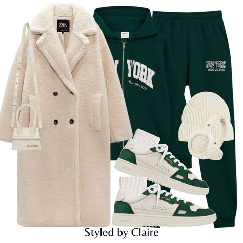 Dark Green And Cream Outfit, Cream Teddy Coat Outfit, Green And Cream Outfit, Cream Winter Jacket, Vitruvian Woman, Tracksuit Outfit Women, Teddy Coat Outfit, Beige Faux Fur Coat, Ugg Earmuffs