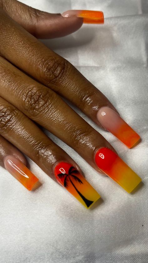 Vacation Nails Palm Trees, Sunset Palm Tree Nails, Sunset French Tip Nails, Palm Tree Acrylic Nails, Vacation Nails Jamaica, Guyana Nails, Orange Ombre Acrylic Nails, Sunset Nails Acrylic, Summer Sunset Nails