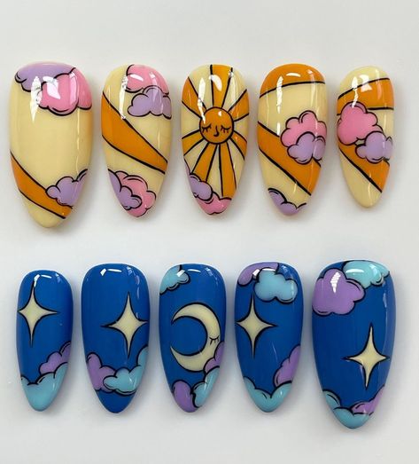 Nail Ideas Cartoon, May Nail Inspo 2024, Stardew Valley Nails, Complex Nail Art, Steven Universe Nails, Animal Crossing Nails, Japanese Inspired Nails, Kidcore Nails, Sun Nails