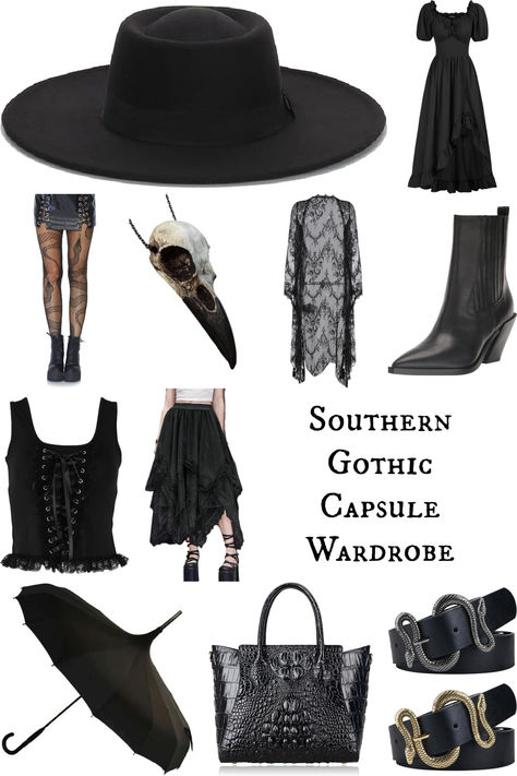 Fill your closet with the southern gothic capsule wardrobe staples: wide-brimmed hats, western-influenced ankle boots, skull jewelry, plus puff sleeve, lace, and corset adornments. These Amazon finds will help you nail the style without breaking the bank. Affiliate link. Southern Goth Fashion, Southern Gothic Style, Gothic Boho Fashion, Goth Capsule Wardrobe, Southern Gothic Outfits, Southern Gothic Fashion, Rabbits Running, Clean Goth, Goth Western