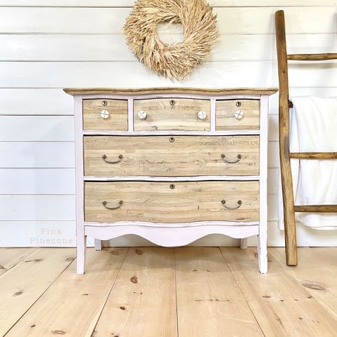 Vintage, curvy, french country style dresser with exposed light wood, bone knobs, and light pink paint. Paint is a mix of Annie Sloan's Antoinette and Pure White. Bottom pulls are original and bone knobs for the top drawers are from Shackteau Interiors.

nursery dresser, boho nursery, farmhouse inspired, French country, beach nursery, coastal Pink And Wood Dresser, Light Pink Dresser Diy, Western Bunkhouse, Light Pink Dresser, White And Wood Dresser, White Wash Dresser, Dresser Boho, Nursery Coastal, Woods Project