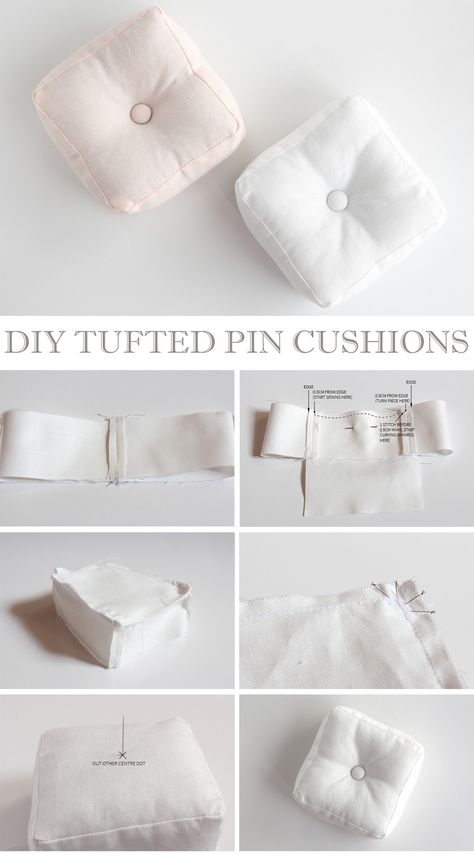 Cute Tufted Pin Cushions Tutorial Sewing Mini Pillows, Tufted Cushion Diy, Homemade Pin Cushions How To Make, Sewing Pin Cushion Diy, Sewing Ideas Gifts, How To Make Pin Cushions, Small Pillows Diy, Free Pincushion Sewing Patterns, Hand Sewn Projects For Beginners