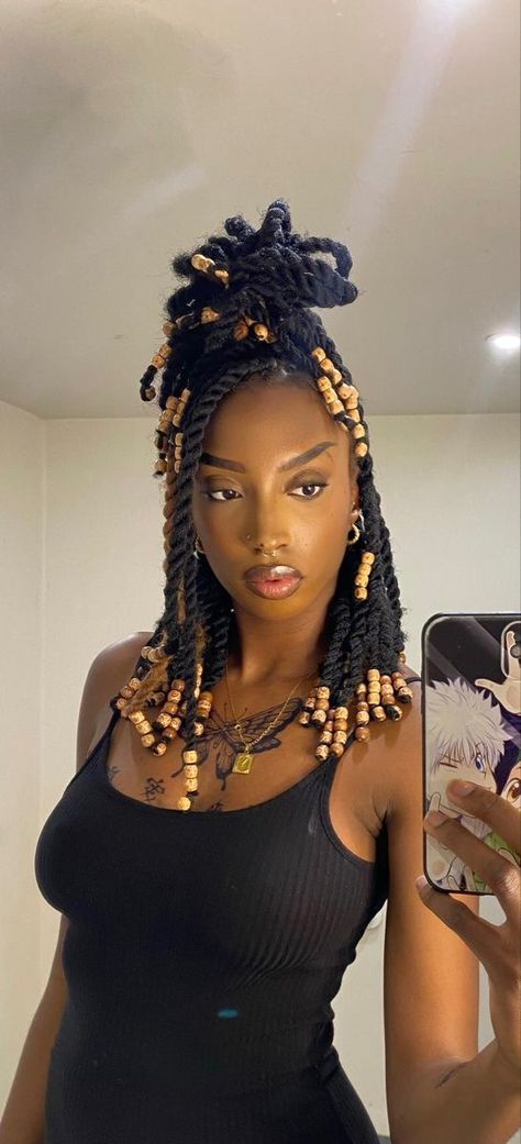 Black Braided Hairstyles With Beads, Summer Hairstyle Ideas For Black Women, Twists On Braids, Twists With Beads Black Women, Goddess Hairstyles For Black Women, Braids With African Beads, Jumbo Twists With Beads, Hair Styles Protective Hairstyles, Invisible Locs With Beads