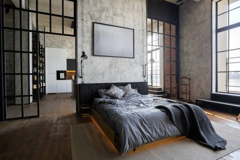 Top 40 Best Rustic Bedroom Ideas - Vintage Designs Luxury Studio Apartments, Perete Accent, Industrial Bedroom Design, Industrial Style Bedroom, Design Ložnic, Bedroom Stuff, Loft Stil, Industrial Bedroom, Stil Industrial