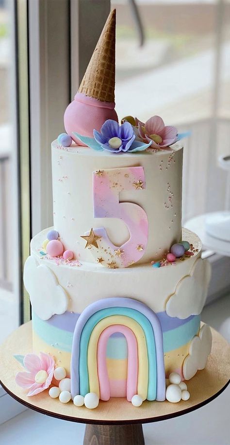 birthday cake, children birthday cake , 5th birthday cake #birthdaycake 5 year old birthday cake girl Fifth Birthday Cake, Lila Party, 4de Verjaardag, Birthday Cake Images, Tiered Cakes Birthday, 5th Birthday Cake, Anniversaire Diy, Pastel Birthday