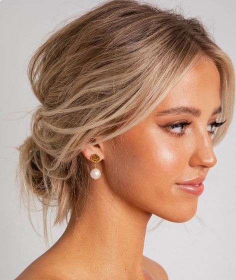 Messy Low Bun Front View, Loose Bun For Wedding, Low Bun Formal Hair, Short Hair Bridesmaid Hairstyles Updo Low Buns, Wedding Loose Bun Hairstyles, Up Dos For Bridesmaid, Low Bun Hairstyles Front View, Meghan Markle Wedding Hair, Front Tuck Hairstyle