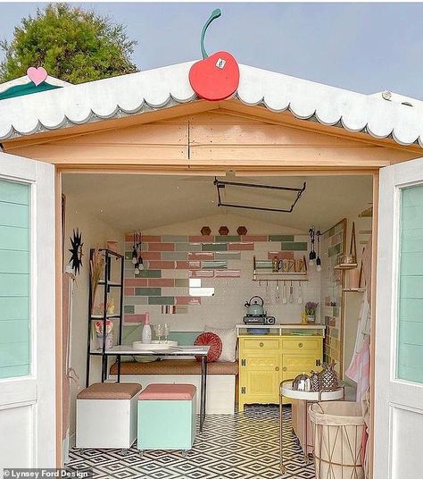 MAKING STYLE WAVES: Metro-tiled walls and geometric flooring are not interior design features you associate with your average beach hut. Named Hermione by owner Tamasin Curtis, the hut in Walton-on-the-Naze , Essex , features mirrored tiles that reflect the sea when you sit at the table, the floor is actually linoleum, and the crockery is by Emma Bridgewater (magical daybeachhuts.co.uk). Worth: £50,000 Beach Huts Interior, Small Beach Hut Interior, Beach Hut Interior Ideas, Summer House Interior Ideas, New Home Drawing, Beach Huts Uk, Beach Shack Interior, Small Kids Playroom Ideas, Beach Hut Shed