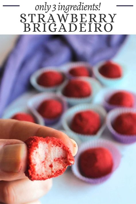 Sweetened Condensed Milk Truffles, Strawberry Brigadeiro, Strawberry Condensed Milk, Condensed Milk Truffles, Candied Strawberries Recipe, Truffle Bites, Brazilian Truffles, Brazilian Deserts, Sweet Charcuterie