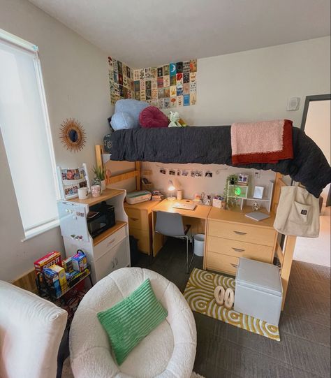 Dorm Top Bunk Ideas, Olivet Nazarene University Dorms, Dorm Room Ideas Cute, Dorm Room With Desk Under Bed, Dorm Pantry Ideas, Dorm Room With Futon, Desk Under Bed Dorm, Dorm Lofted Bed, Lofted Bed Dorm Room Ideas