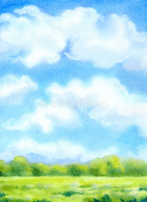 Watercolor background with white clouds on blue sky over sunlit. Colorful waterc #Sponsored , #SPONSORED, #Paid, #white, #Watercolor, #Colorful, #clouds Sky With Watercolor, Blue Sky Watercolor Painting, How To Paint A Sky Background, Blue Sky Clouds Painting, Painting Sky Clouds, Sky Background Drawing, Watercolor Background Landscape, Sky Drawing Clouds, Watercolor Art Sky