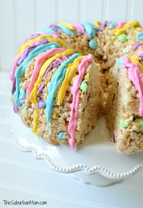 Spring Rice Krispies Treat Cake Easter Treats To Make, Rice Krispie Treats Cake, Easter Rice Krispies, Rice Krispie Cakes, Easter Rice Krispie Treats, Cake Spring, Rice Krispies Treat, Easy Easter Treats, Treats To Make