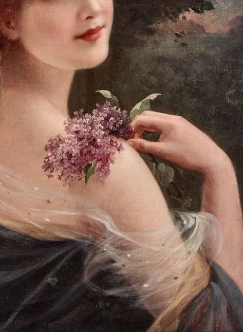 “Girl lady with lilacs” by Émile Vernon (Blois, 1872 - Blois, 1920) was a French painter. He was an academic artist who was a pupil of William Bouguereau.. Detail. Lilac Painting, Aphrodite Aesthetic, French Lilac, Goddess Aesthetic, Medieval Paintings, Rennaissance Art, Ancient Paintings, Dark Purple Aesthetic, Painting People