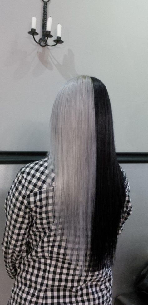 Half and half, black and white hair, silver hair Half And Half Black And White Hair, Black And White Hair Inspiration, Black And Grey Split Dye, Half Black Half Gray Hair, Half Black Half Grey Hair, Black White Split Hair, Black And Silver Split Dye, Half Gray Half Black Hair, Half Black Half Silver Hair