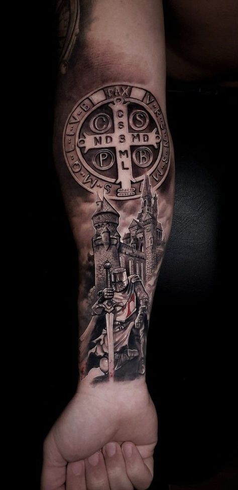 Benedictine Medal Tattoo, Tattoo Medieval, Templar Knight Tattoo, Masonic Tattoos, Armor Of God Tattoo, Cruces Tattoo, Catholic Tattoos, Soldier Tattoo, Forearm Tattoo Quotes