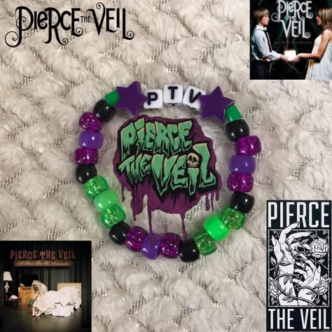 Emo Bracelets Aesthetic, Pierce The Veil Kandi Bracelets, Cool Kandi Patterns, Pierce The Veil Bracelet Ideas, Scene Kandi Singles, Clay Bead Bracelet Ideas Emo, Emo Beaded Bracelets, Pierce The Veil Kandi, Kandi Singles Ideas Emo