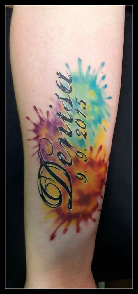 Watercolor tattoo. My doughters name Watercolor Name Tattoo, Baby Name Tattoos, Tattoos With Kids Names, Kids Names, Name Tattoo, Paint Splash, Name Tattoos, Baby Colors, Mom Tattoos