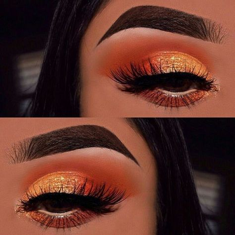 Gold And Orange Makeup Looks, Orange Glitter Makeup, Pumpkin Makeup Looks, Makeup Looks Videos, Thanksgiving Makeup, Orange Eye Makeup, Maquillage Yeux Cut Crease, Make Up Designs, Makeup Eye Shadow