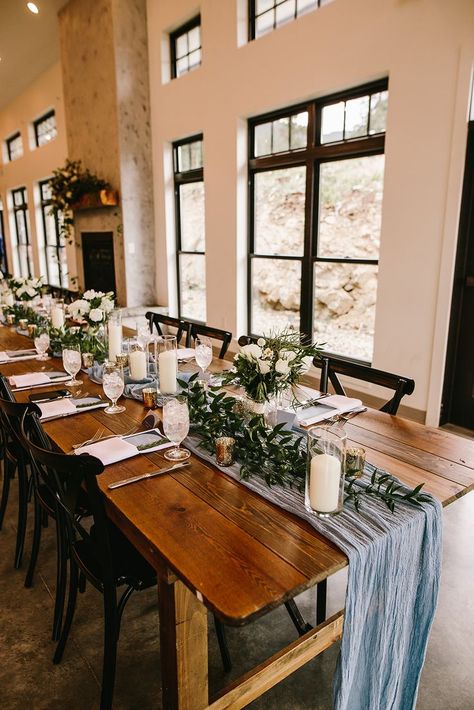 Farmhouse Table With Runner, White Table Decor Wedding, Wedding Table Runner Blue, Blue Table Runner Wedding, Dusty Blue Runner Wedding Tables, Farmhouse Table Wedding Decor, Blue Cheesecloth Table Runner Wedding, Farmhouse Tables Wedding, Blue Wedding Table Settings