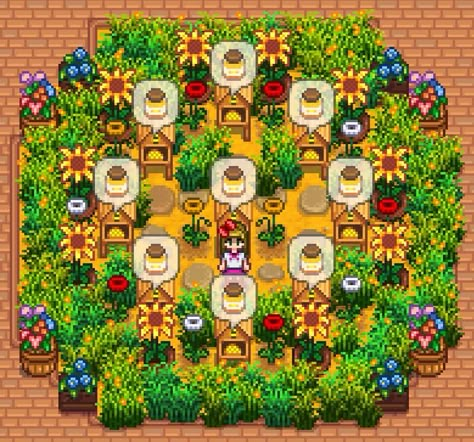 River Farm Stardew Layout, Bee Layout Stardew, Stardew Valley Seasonal Plants, Star Dew Valley Farm Layouts River, Stardew Valley Flower Farm, Bee Farm Stardew Valley, Stardew Monster Farm Layout, Stardew Valley Farm Layout Beehive, Stardew Valley Farm Layout Hilltop Aesthetic