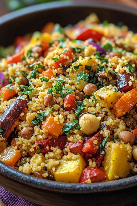 This Moroccan Couscous with Roast Vegetables is a vibrant and flavorful dish that’s easy to make and packed with nutrition.  With a mix of roasted veggies and traditional Moroccan spices, this dish makes an ideal main or side for any occasion. Couscous Roasted Vegetables, Moroccan Side Dishes Veggies, Couscous Vegetables, Moroccan Dish, Menu Ramadan, Roasted Vegetable Couscous, Moroccan Vegetables, Trendy Recipes, New Meal Ideas