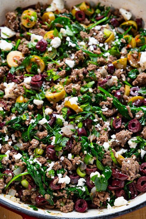 Greek Skillet Dinner, Ground Beef With Olives, Greek Beef Skillet, Spinach Beef Recipes, Feta And Ground Beef, Greek Minced Beef Recipes, Recipes With Greek Olives, Ground Beef Feta Recipe, Greek Recipes With Ground Beef