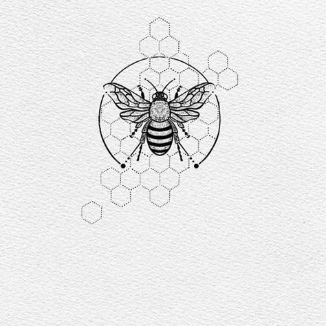 Unique Bee Tattoo Ideas, Bee On Honeycomb Tattoo, Honeybee Tattoo Flowers, Floral Mandala Tattoo Design Small, Bumble Bee Design, Bees Tattoo Design, Bumble Bee And Honeycomb Tattoo, Serotonin Molecule Tattoo Bee, Bee And Honey Tattoo