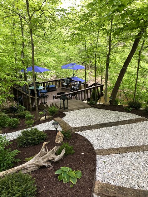 Landscaping In The Woods Backyards, Mountain Side Landscape Ideas, Steep Lakeside Landscaping, Mountain Terrain Landscapes, Deck Over Creek, Wooded Lot Landscaping, Mountain Property Landscaping, Yard In The Woods, Camp Landscaping Ideas