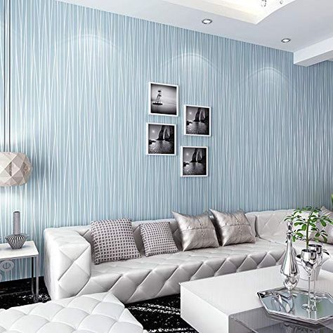 Blue and silver striped wallpaper in a living room Wallpaper In Hall, Wallpaper House Design, Room Wallpaper Designs, Modern Wallpaper Designs, Living Room Themes, Wallpaper Dinding, Living Room Small, Living Room On A Budget, Diy Pergola