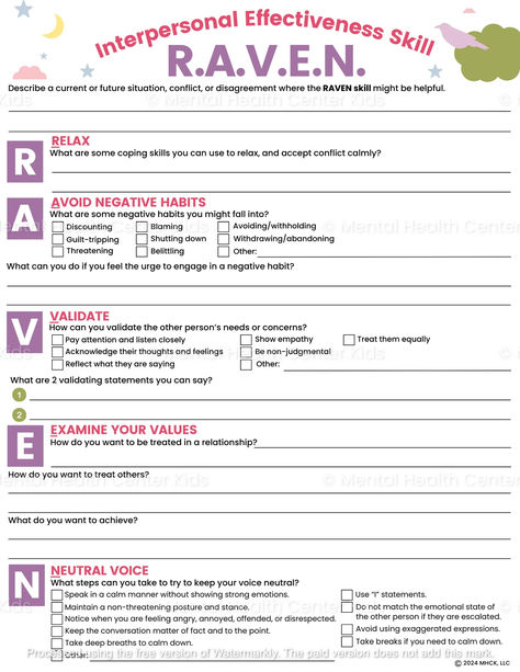 DBT RAVEN Worksheet for Kids and Teens The Dialectical Behavior Therapy Skills Workbook, Dbt Activities For Teens, Dbt Worksheet Activities, Therapy Interventions For Teens, Dbt Skills Activities, Counseling Worksheets Therapy Tools, Coping Skills Worksheet, Therapy For Teens, Negative Habits